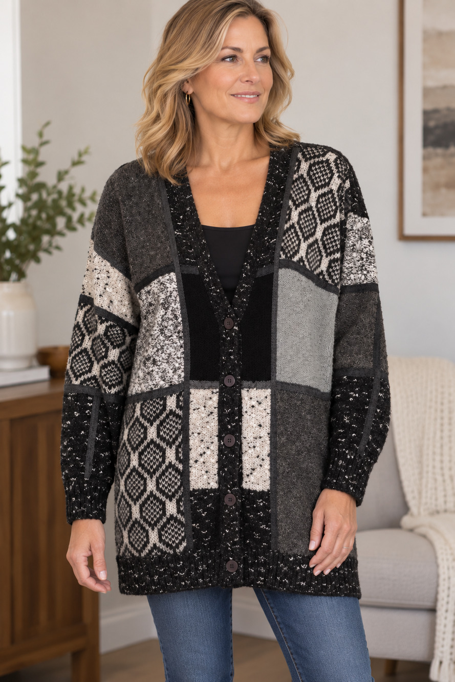 Vintage Fabrizio Weathervane L Patchwork Cardigan Sweater Wool Blend V Neck